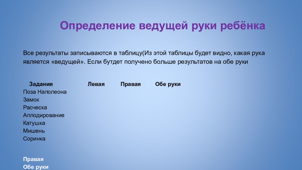 Ведущая рука. Определение ведущей руки. Задание на определение ведущей руки. Методика определения ведущей руки. Тест на определение ведущей руки у ребенка.