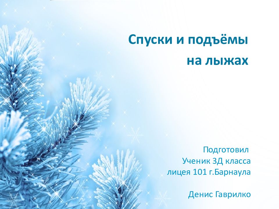 Спуски и подъёмы на лыжах Подготовил Ученик 3Д класса лицея 101