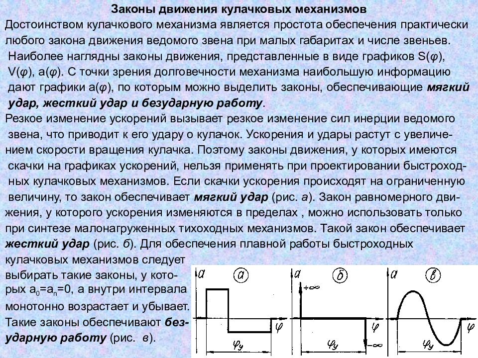 Ускорение удара. Законы движения кулачковых механизмов. Выбор закона движения толкателя кулачкового механизма. Линейный закон движения толкателя кулачкового механизма. Законы движения выходного звена кулачкового механизма.