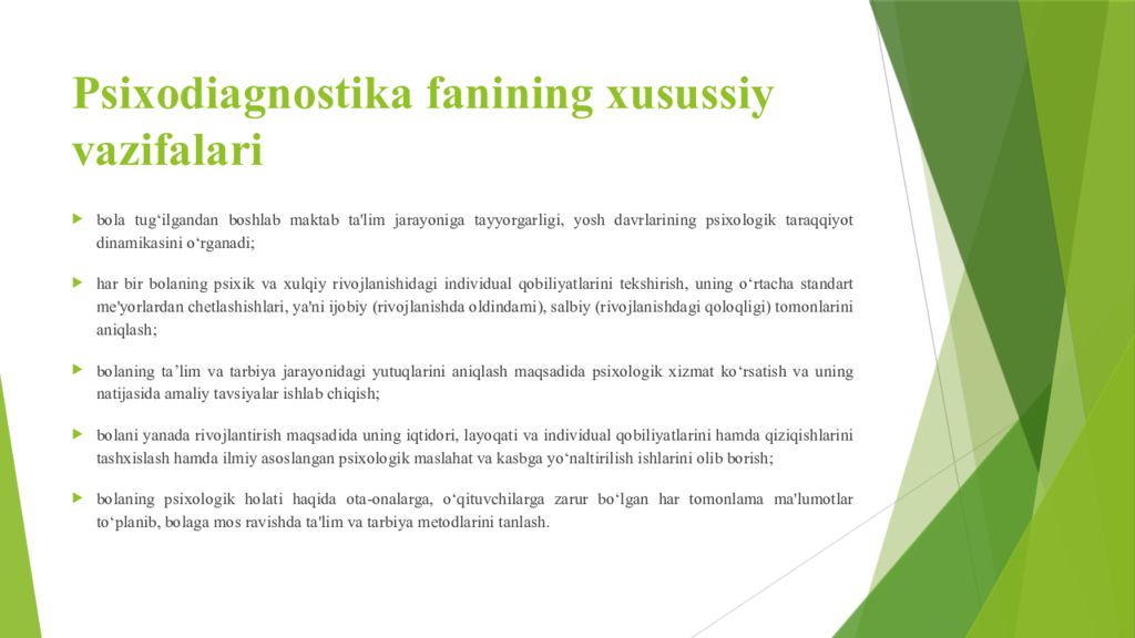 PSIXODIAGNOSTIKA VA EKSPERIMENTAL PSIXOLOGIYA FANIGA KIRISH Psixodiagnostika fanining xusussiy vazifalari