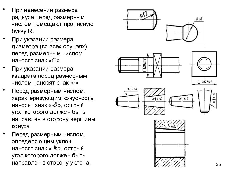 Указание размеров. При указании размера радиуса перед размерным числом наносят знак. При указании размера диаметра перед размерным числом наносят. ЕСКД Простановка размеров. ЕСКД диаметр.