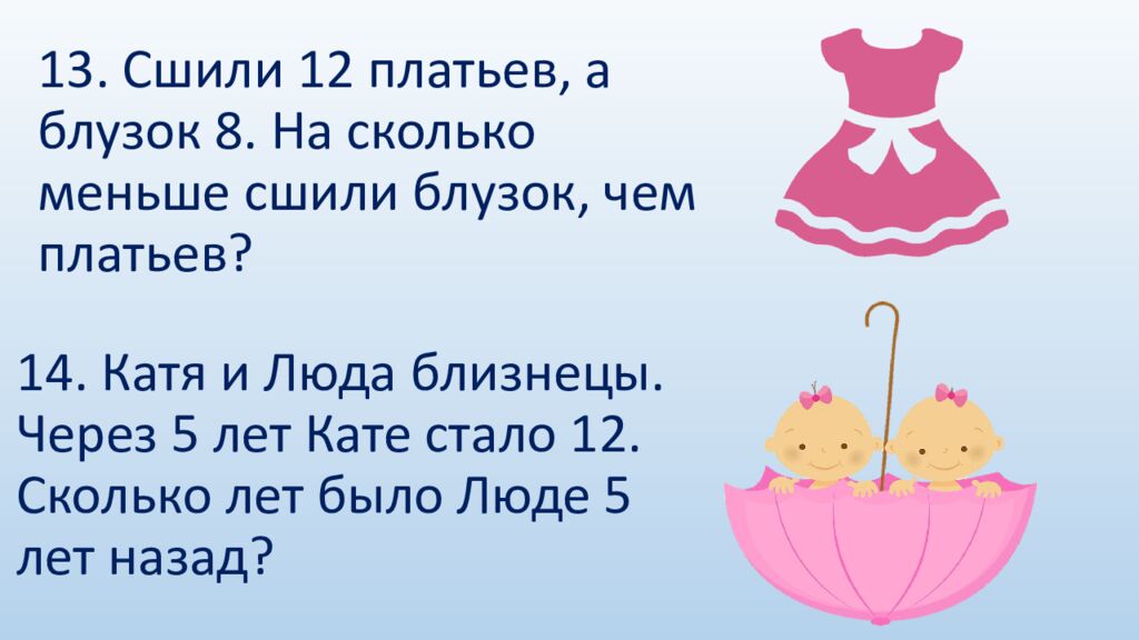 14. Катя и Люда близнецы. Через 5 лет Кате стало 12. Сколько лет было Люде 5 лет назад?