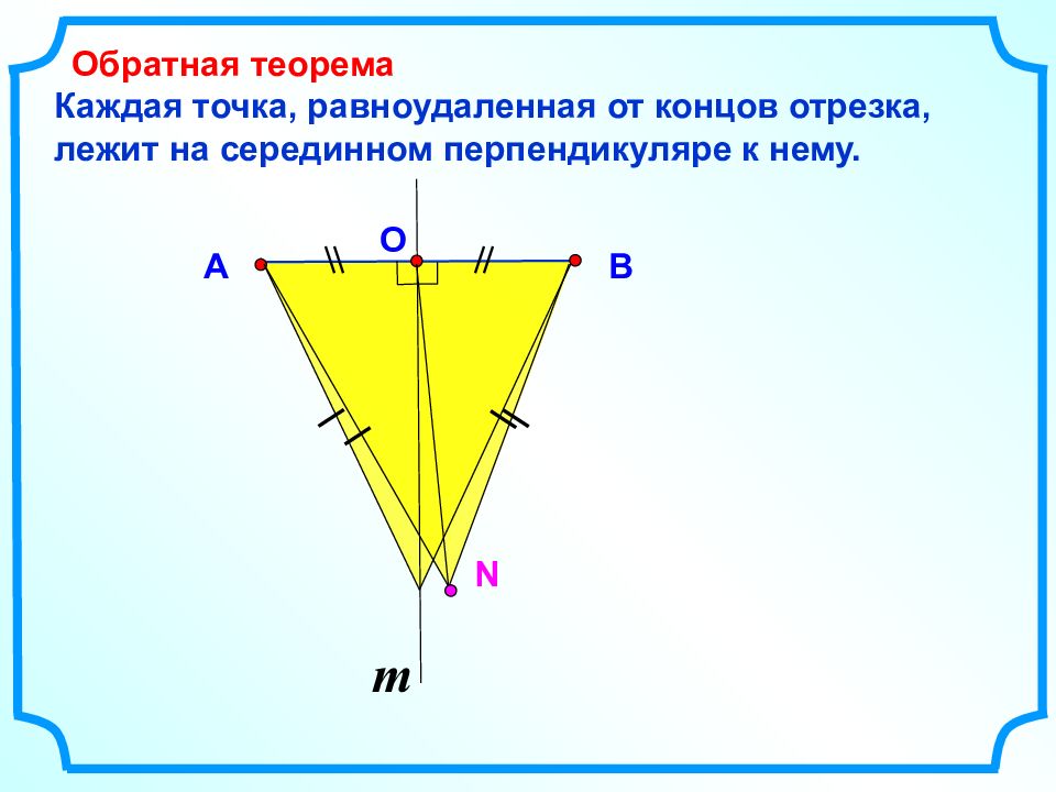 Точка лежащая на серединном перпендикуляре. Каждая точка равноудаленная от концов отрезка. Точка равноудалённая от концов отрезка лежит на серединном. Каждая точка равноудаленная от концов отрезка лежит на. Обратная теорема каждая точка от концов отрезка.