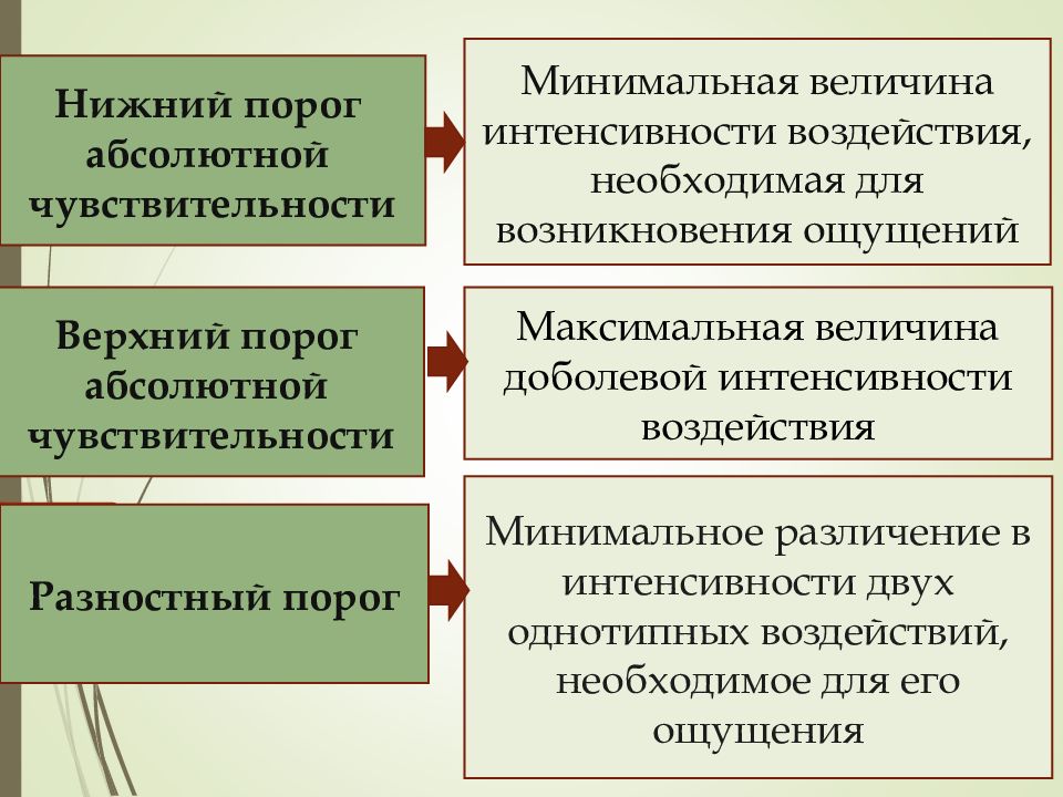 Минимальной величиной необходимой. Разностный порог Нижний порог. Минимальная величина. Факторы величины абсолютного порога. Обязательными звеньями для возникновения ощущения являются.