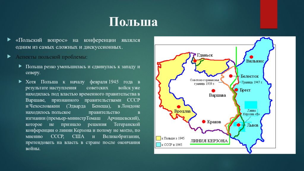 Установление восточных границ польши по линии керзона. Граница Польши Ялтинская конференция. Границы Польши после Ялтинской конференции. Территория Польши после второй мировой войны. Линия Керзона и раздел Польши 1939.