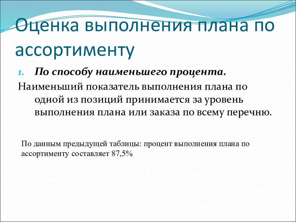 Оценку выполнения плана по ассортименту осуществляют с помощью среднего процента