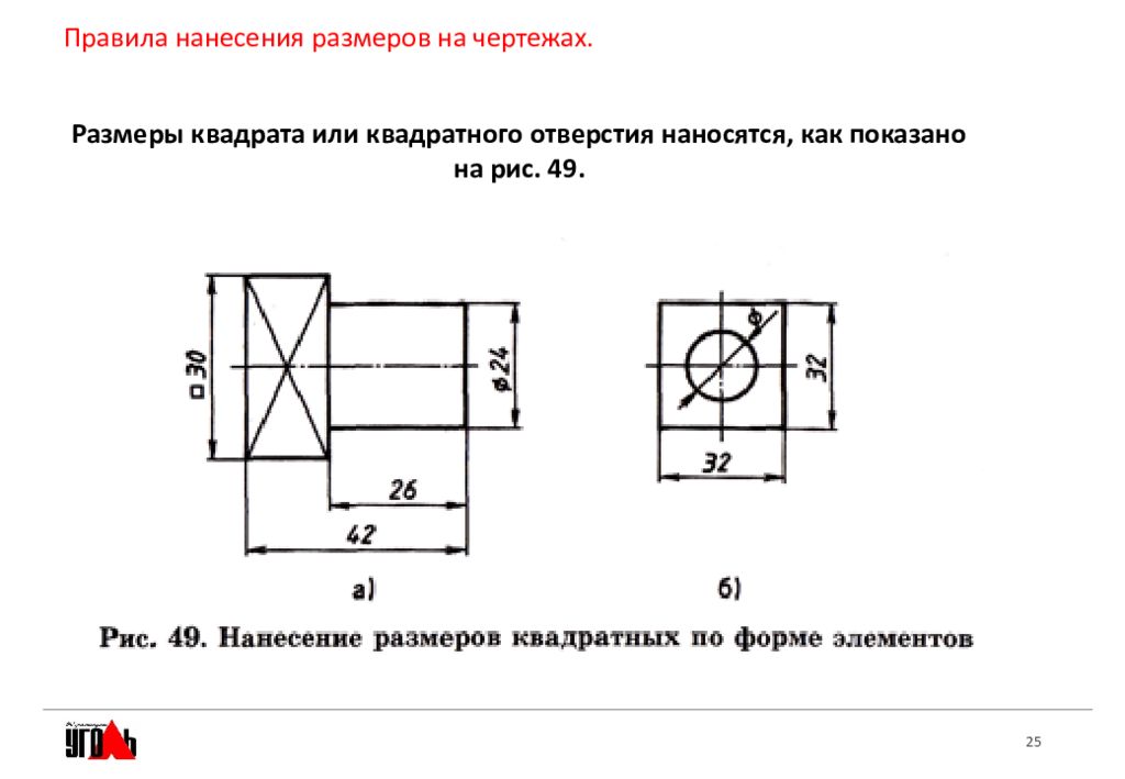 Размерный чертеж. Нанесение размеров квадрата на чертеже. Квадратное отверстие на чертеже. Основные Размеры на чертеже. Правило нанесения размеров на чертеж.