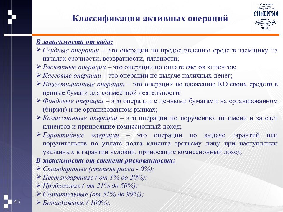 Инвестиционные операции. Классификация активных операций. Депозитно ссудные операции это.