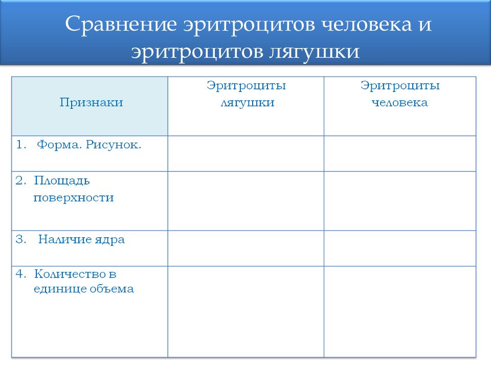 Сравнительная характеристика эритроцитов лягушки и человека. Количество эритроцитов лягушки. Сравнение эритроцитов человека и эритроцитов лягушки. Сравнение эритроцитов человека и лягушки таблица.