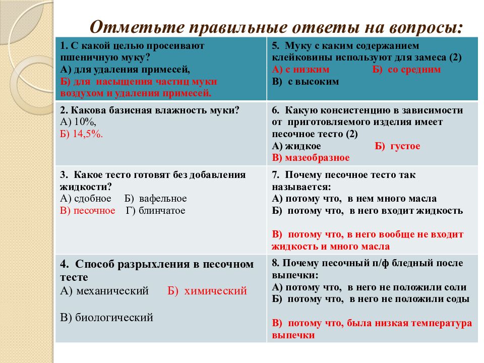Отметьте правильные ответы на вопросы: