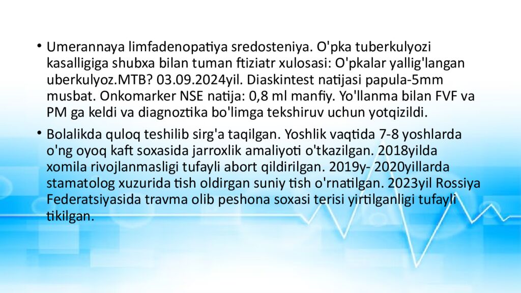 CENTRAL ASIAN MEDICAL UNVERSITETI DAVOLASH ISHI FAKULTETI 421-GURUH TALABASI