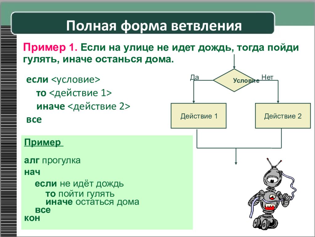 Нашедший полная форма. Полная форма ветвления примеры. Полное ветвление пример. Конструкция полного ветвления. Если то иначе примеры.