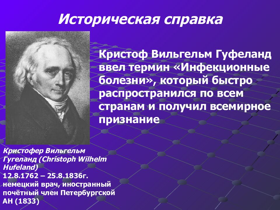 Термин спортивная болезнь ввел на всемирном конгрессе. Христофор Вильям Гуфелянд. Историческая справка об инфекционных болезнях. Термин инфекция был введен. Термин инфекционные болезни ввел.