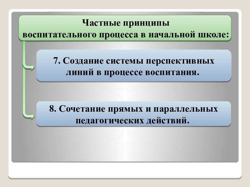 Частные принципы. Принцип сочетания прямых и параллельных педагогических действий. Функции образовательного процесса в начальной школе. Частные принципы организации воспитательной работы. Понятия воспитательного процесса в начальной школе.