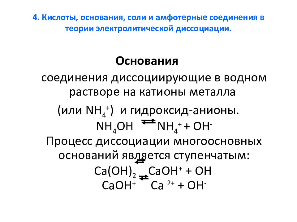 Диссоциация кислот оснований и солей. Электролитическая диссоциация кислот оснований и солей. Амфотерные соединения. Химические свойства амфотерных оснований.