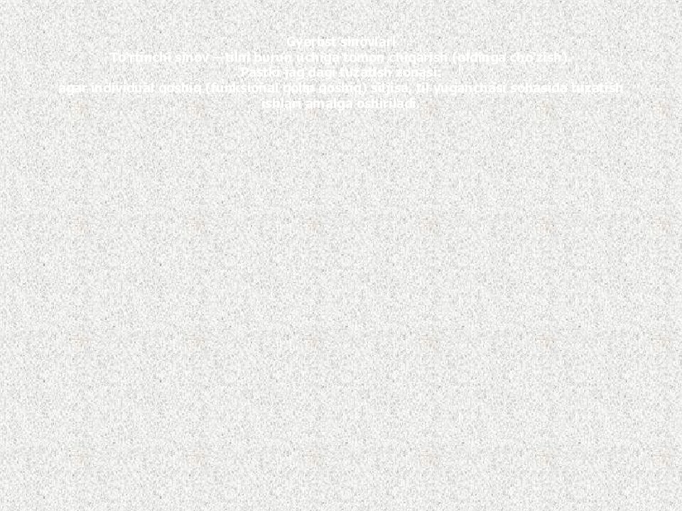 Gyerbst sinovlari To‘rtinchi sinov – tilni burun uchiga tomon chiqarish ( oldinga cho‘zish ). Pastki jag‘dagi tuzatish zonasi : agar individual qoshiq (