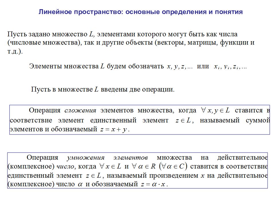 Линейное пространство. Понятие линейного пространства. Обозначение линейного пространства. Подпространство пространства. Определение подпространства линейного пространства.