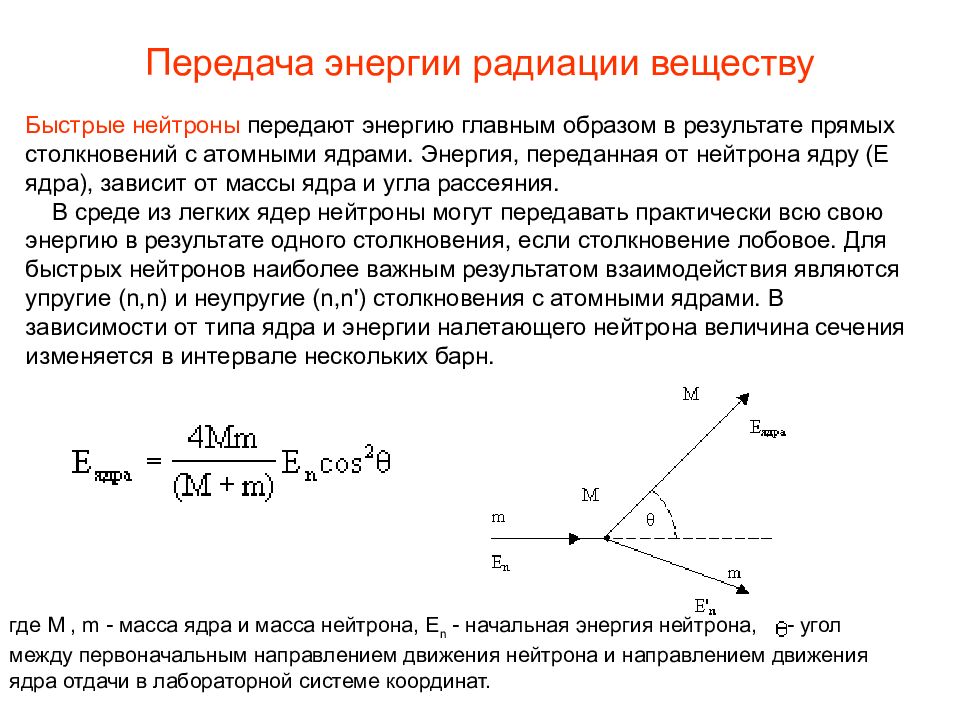 Энергия радиации. Столкновение атомных ядер. Нецентральное соударение нейтронов. Прямая передача мощности. Передача энергии при ударе.