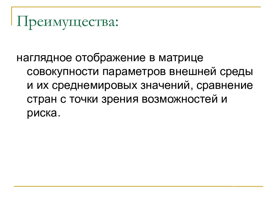 Международное преимущество. Совокупность параметров решения. Совокупность внешних параметров. Наглядный слайд сравнение. Преимущества международного бизнеса.