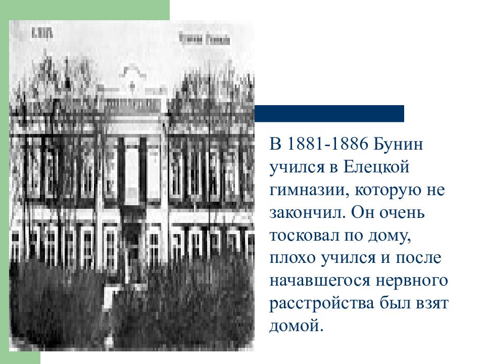 Где учился Бунин. Гимназия в которой учился Бунин. Учился в Елецкой гимназии которую не закончил. Зима 1886 Бунин.