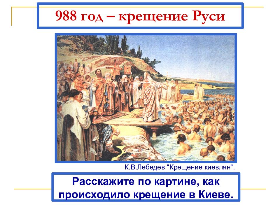 Год крещения руси. Крещение Руси Лебедев 988. Лебедев крещение киевлян картина. Правление князя Владимира крещение Руси презентация. Крещением. Произошло крещение Руси в 988 году..