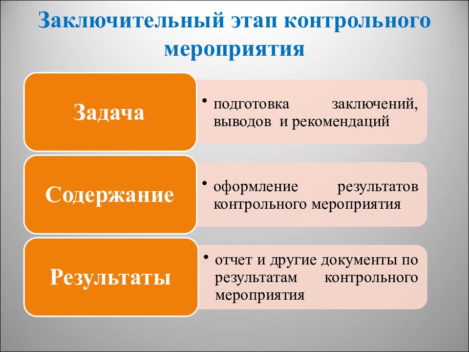 Завершающий этап. Задачи контрольного мероприятия. Заключительный этап контрольного мероприятия. Заключительным этапом мероприятия. Основной этап контрольного мероприятия.