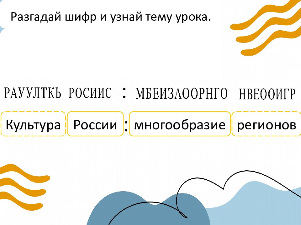 Разгадай шифр и узнай тему урока. Культура России м ногообразие регионов