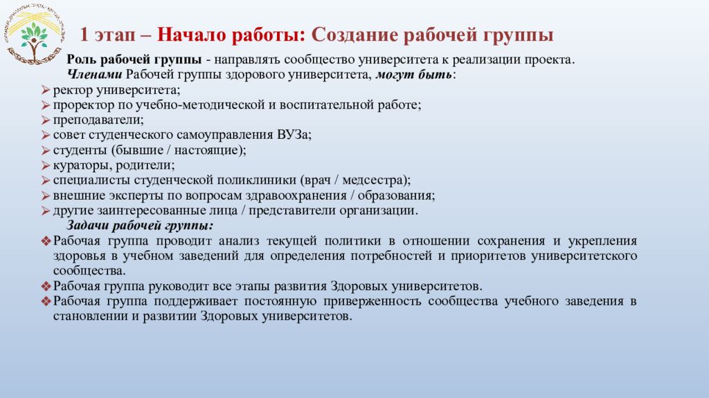 1 этап – Начало работы: Создание рабочей группы