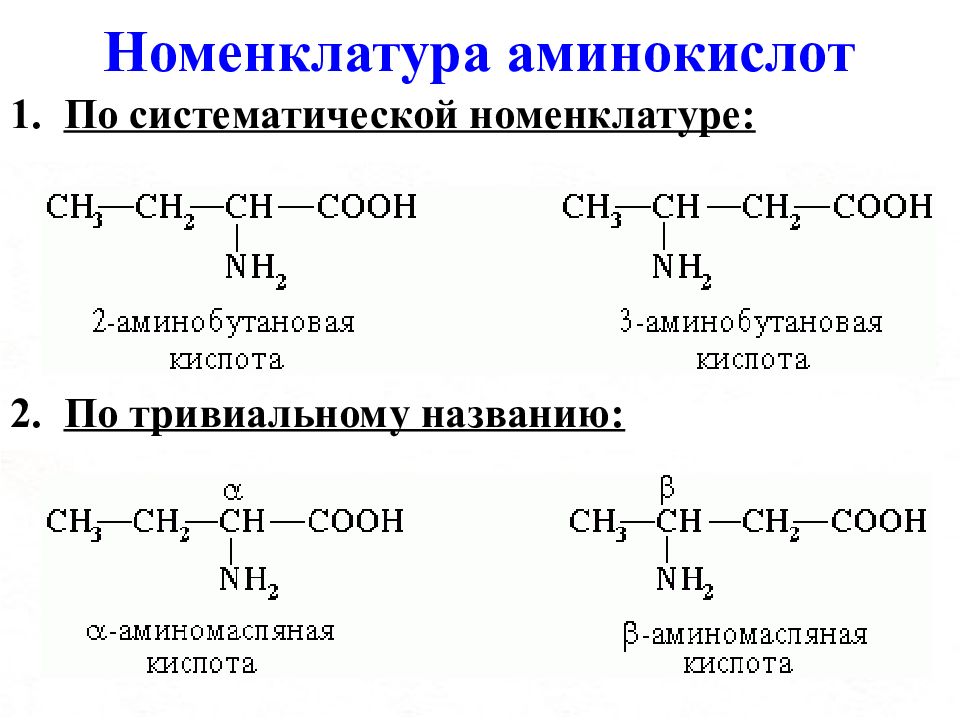 Аминокислоты относятся к соединениям. Тривиальная номенклатура аминокислот. Систематическая номенклатура аминокислот. ИЮПАК номенклатура аминокислот. 2 Аминобутановая кислота тривиальное название.