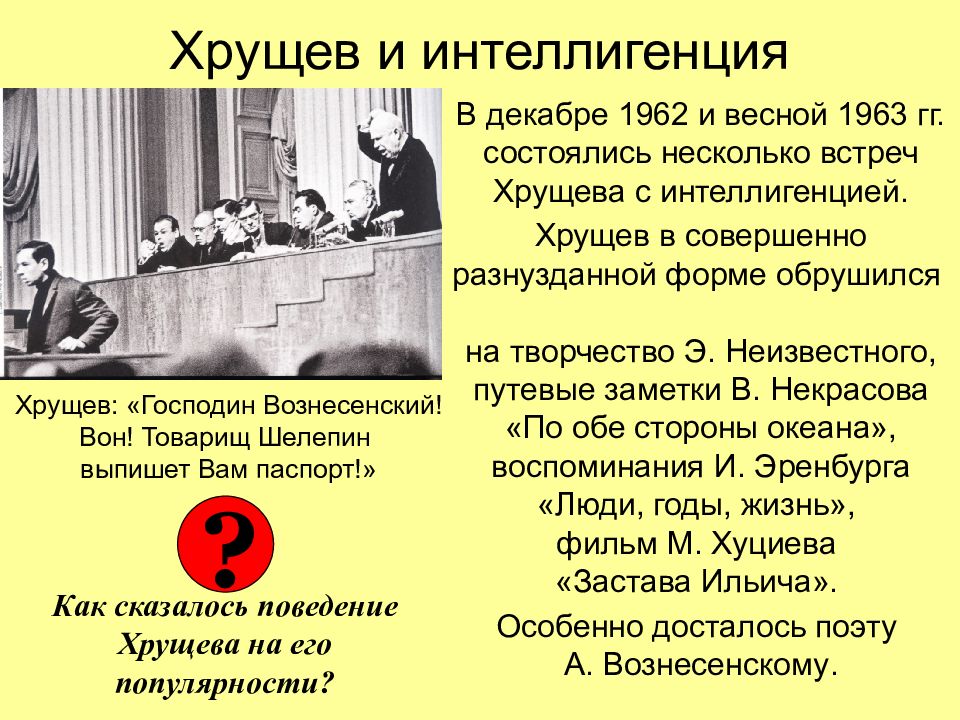Какие вопросы волновали интеллигенцию и почему. Вознесенский и Хрущев. Встречи Хрущева с творческой интеллигенцией. Встреча н. Хрущева с интеллигенцией в 1963 году. Хрущев на встрече с интеллигенцией.