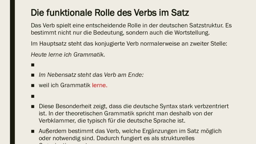 Die funktionale Rolle des Verbs im Satz