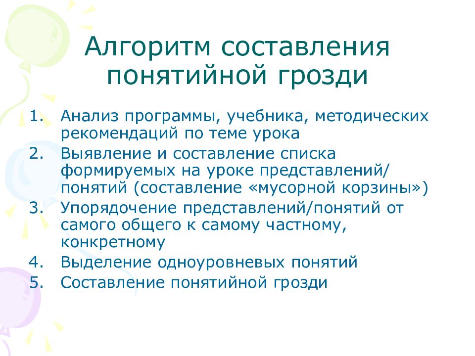 Формирование 5 классов. Составление алгоритмов. Алгоритм составления понятийной грозди. Составление понятийного словаря на уроке. Алгоритм составления историй.