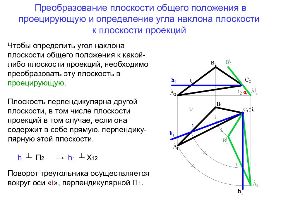 Длина сторон плоской фигуры. Преобразование плоскости в проецирующую. Проекция плоскости общего положения. Преобразование плоскости общего положения в проецирующую плоскость. Преобразовать плоскость в проецирующую.