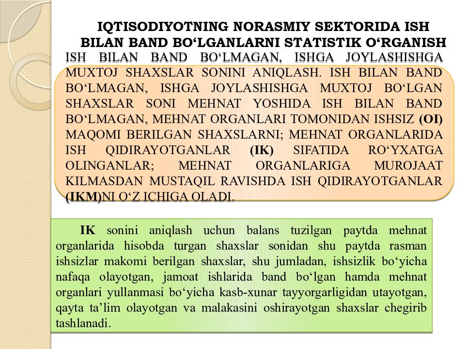 Mavzu:Mehnat resurslari balansi Iqtisodiyotning norasmiy sektorida ish bilan band bo‘lganlarni statistik o‘rganish