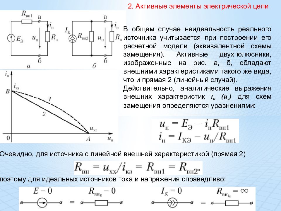 Линейные элементы. Активные элементы схемы замещения. Схемы замещения двухполюсников. Схема замещения активного двухполюсника. Схема замещения пассивного двухполюсника.