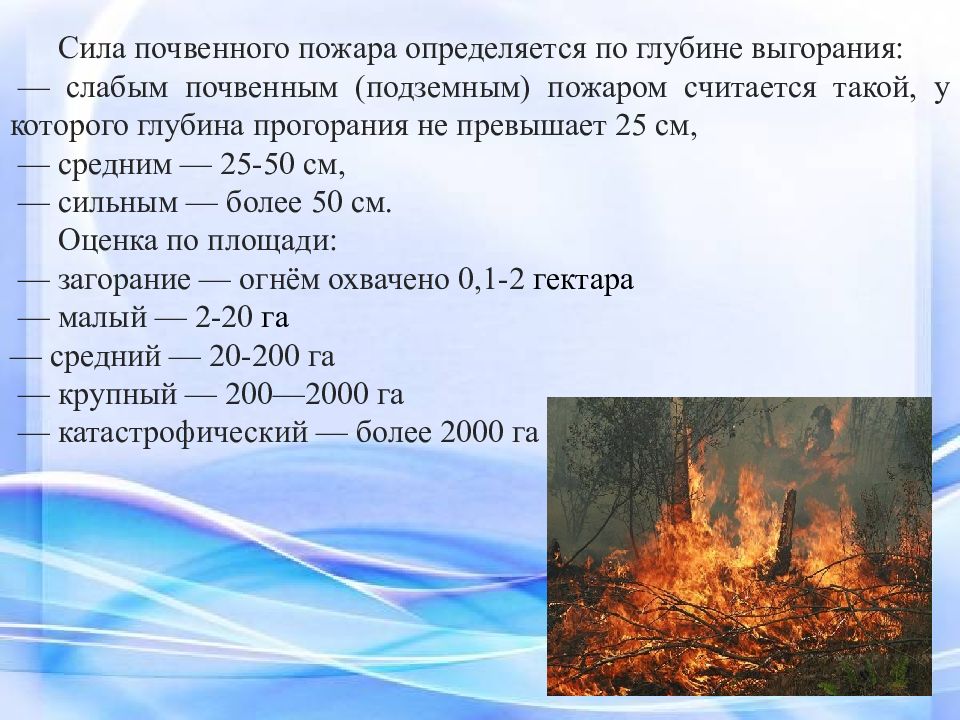 Причины почвенных пожаров. Глубина прогорания подземного пожара. Сила пожара. Почвенный пожар. Классификация лесных пожаров по силе.