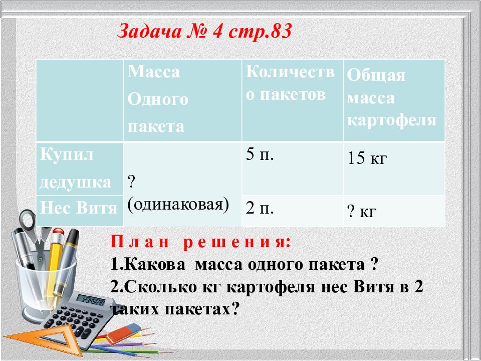 Дедушка купил 5 одинаковых пакетов с картофелем, общая …