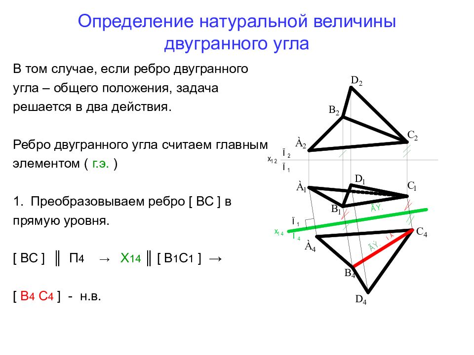 Угол между плоскостями проекций. Как определить натуральную величину ребра.