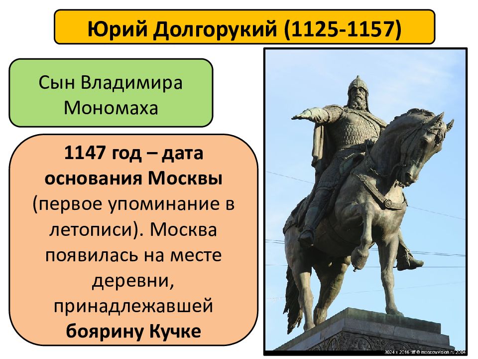 Москва образована в году. Год основания Юрием Долгоруким города Москвы.