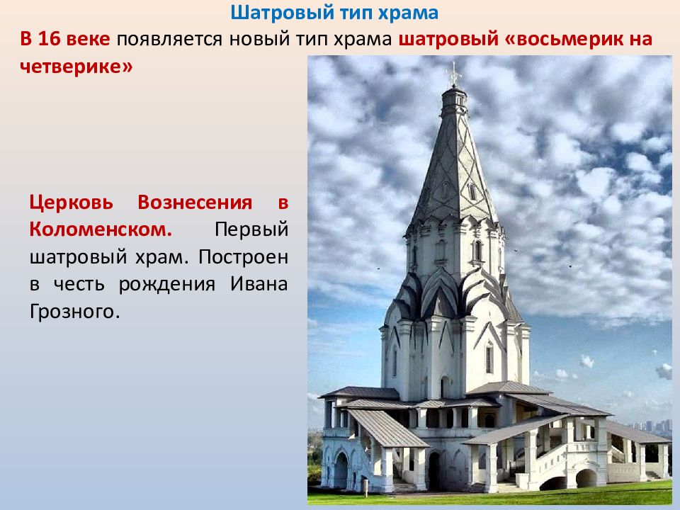 Шатровый тип храма. Церковь Вознесения в Коломенском. 16 Век. В честь Ивана Грозного.. Церковь Вознесения в Коломенском шатровый стиль. Шатровый стиль храмы 16 17 век. Церковь Вознесения в Коломенском восьмерик на четверике.