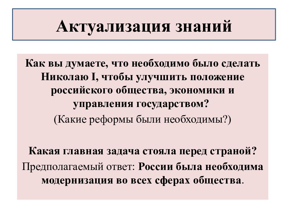 Задания для актуализации знаний Обществознание. Николае 1 Главная задача перед страной.