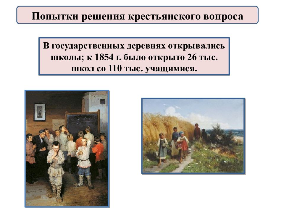 Попытки решения крестьянского вопроса. К 1854 Г. было открыто 26 тыс. Школ.