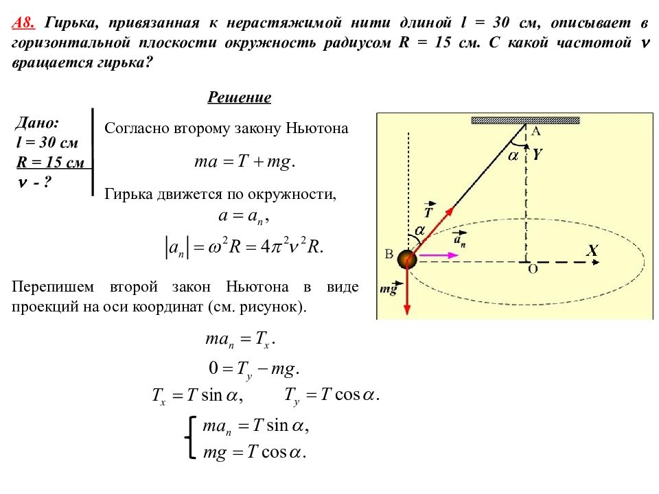 Движение нерастяжимой нити. Маятник массой m вращается на нити в вертикальной плоскости. Шарик вращается на нити. Сила натяжения нити при движении по окружности. Вращается в горизонтальной плоскости.