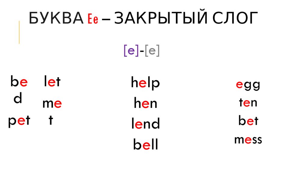 Буква E e – закрытый слог