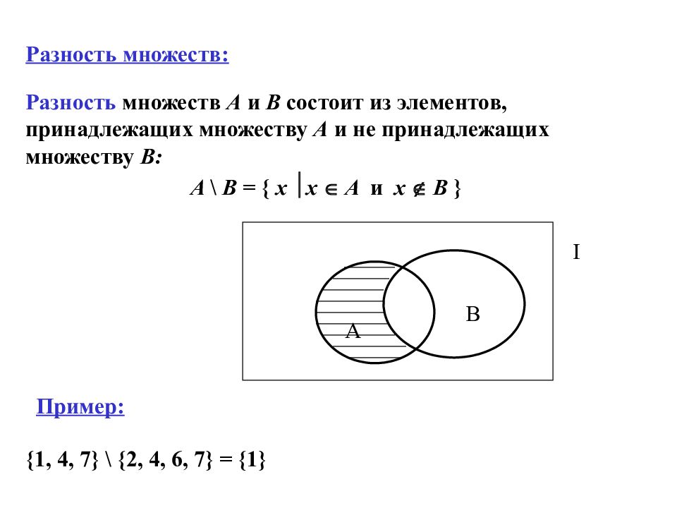 Множества и подмножества 8 класс. Разность множеств с помощью кругов Эйлера. Теория множеств разность. Разность множеств примеры. Разность двух множеств.