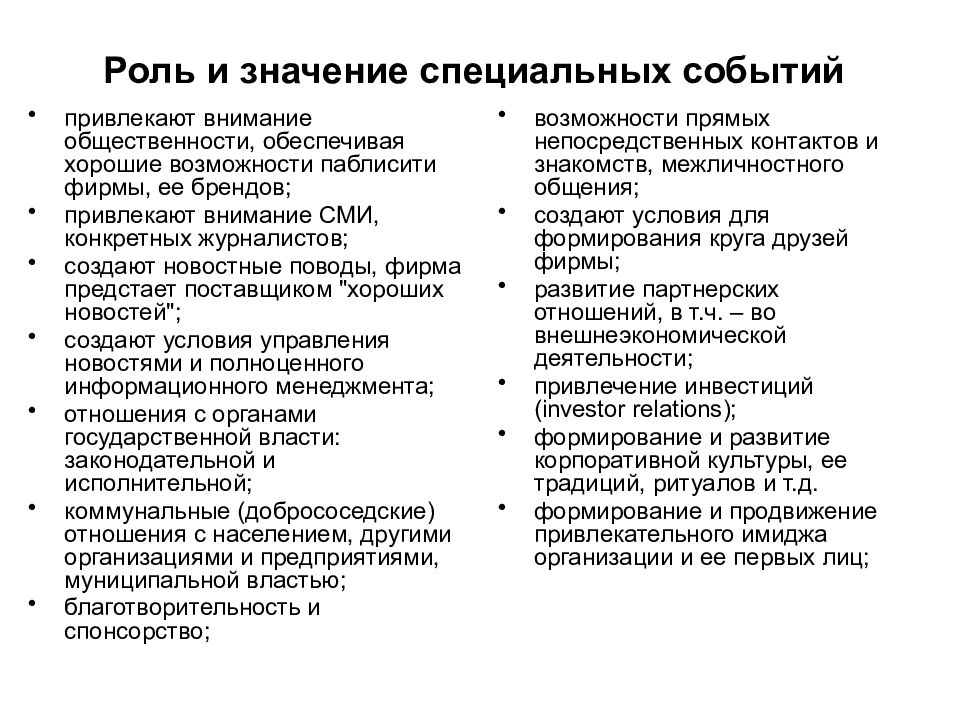 Специального значения. Роль и значение общественности. Значение специальных мероприятий и событий для имиджа фирмы. Спец. значения. Что означает специальная деятельность.