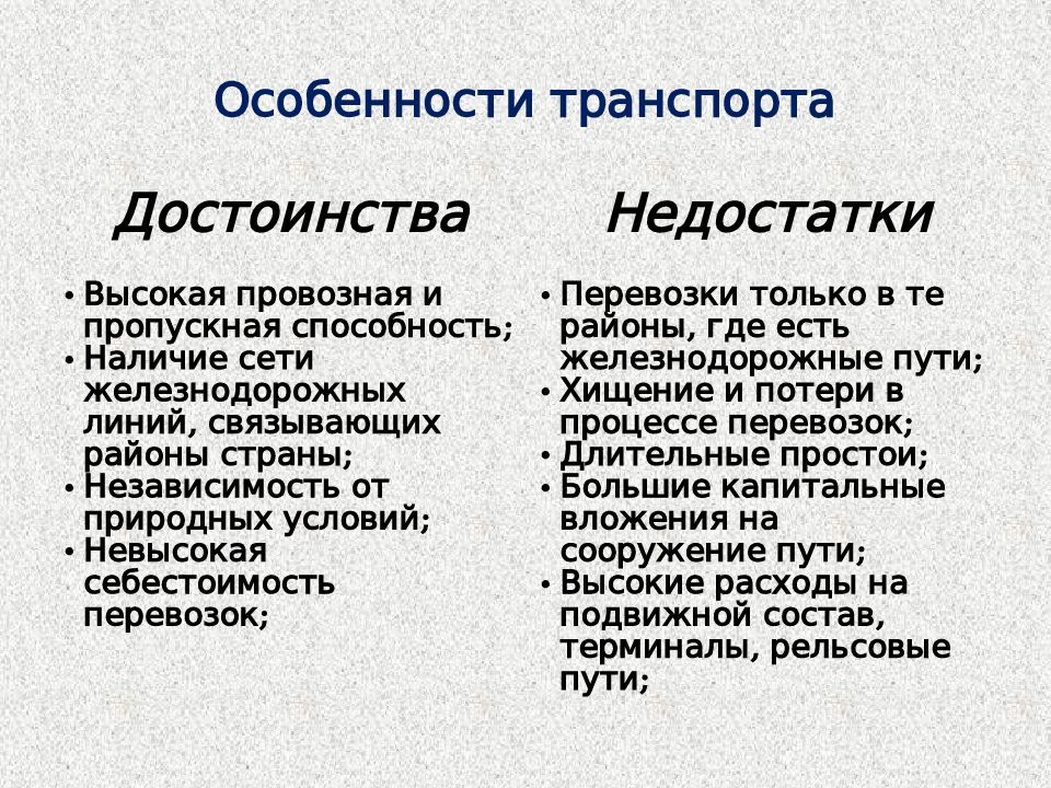 Преимущества и недостатки железнодорожного транспорта