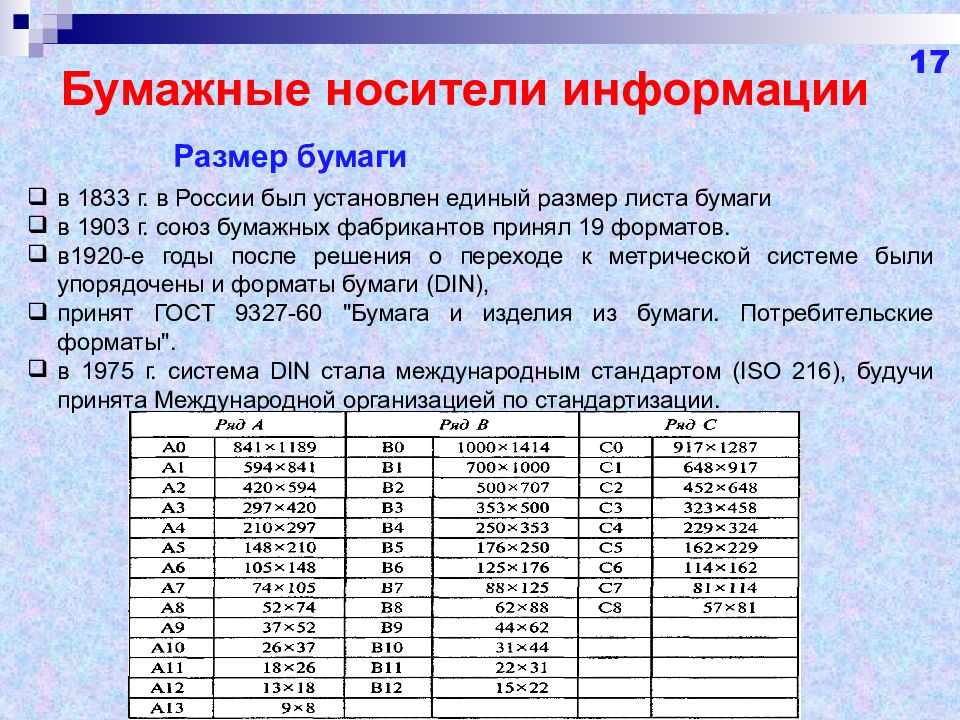 17 информация. Бумажные носители информации. Использование бумажных носителей информации. Описание на бумажном носителе. Размер 17 на 17 бумага.