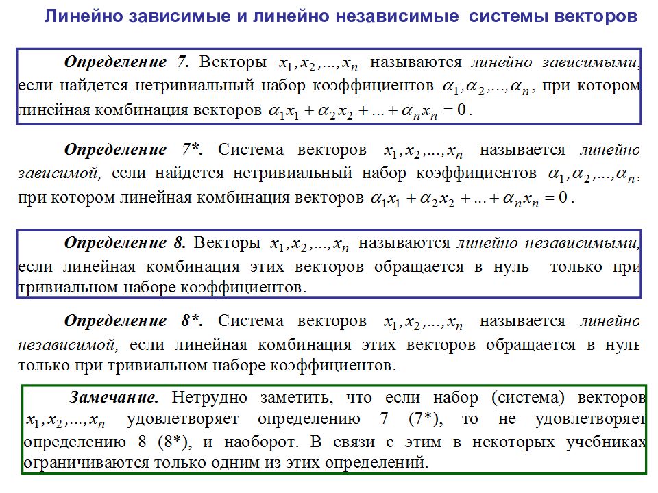 Система линейных векторов. Линейно зависимые и линейно независимые системы. Линейно зависимые и линейно независимые векторы. Свойства линейно зависимых векторов. Признак линейной независимости системы векторов.