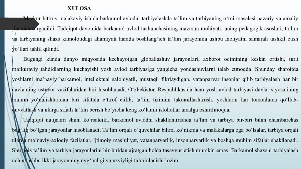 Barkamol avlodni tarbiyalashda taʼlim tarbiyaning oʻrni MUNDARIJA KIRISH I BOB